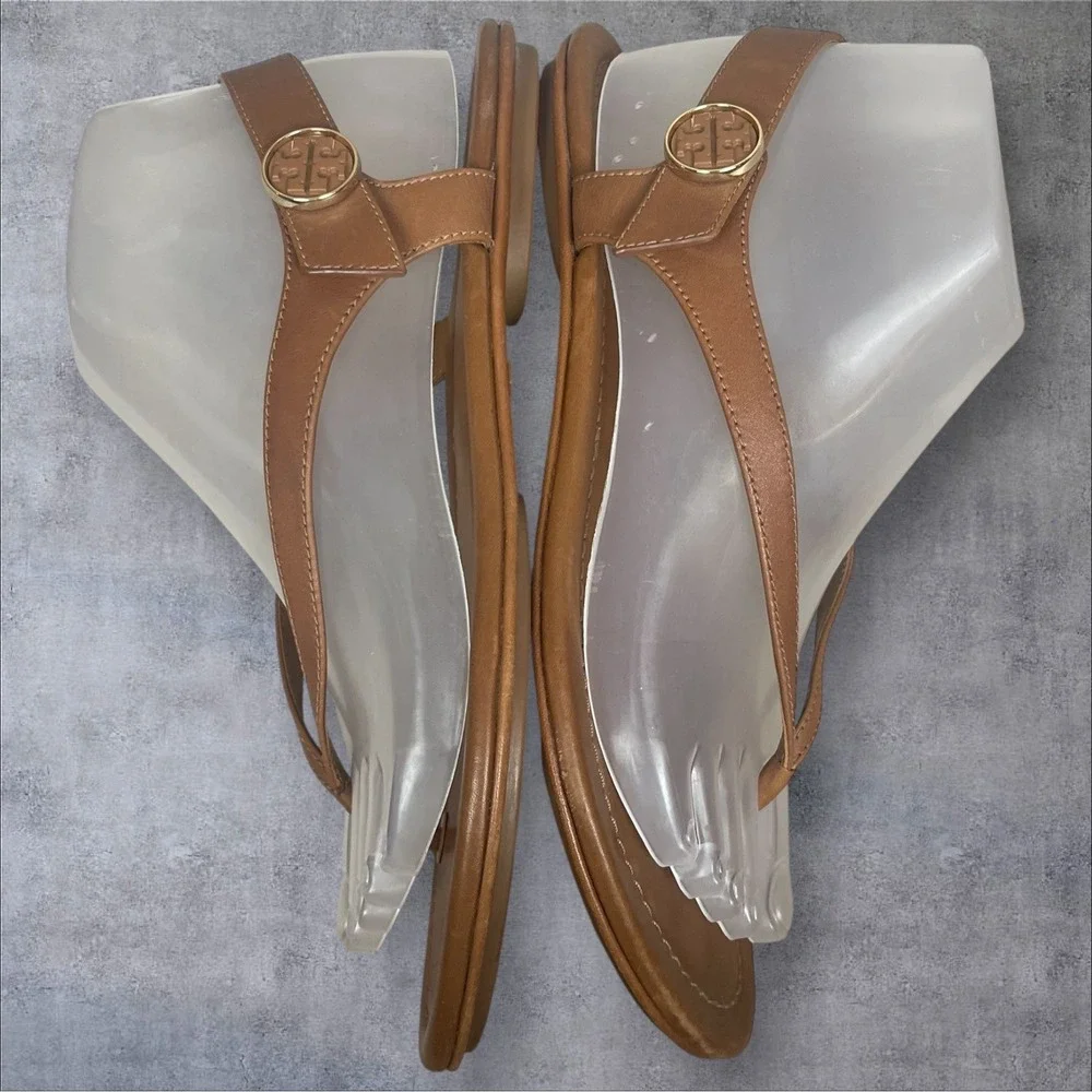 Tory Burch Minnie Travel Sandals Caramel Brown Leather Thong Womens 8M Classic